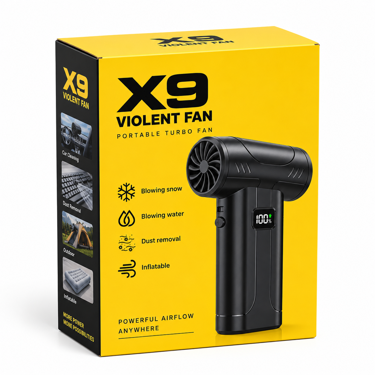 دمنده شارژی پرقدرت X9 Violent Fan جت فن قابل حمل با نمایشگر شارژ و چراغ LED، مناسب خودرو و نظافت