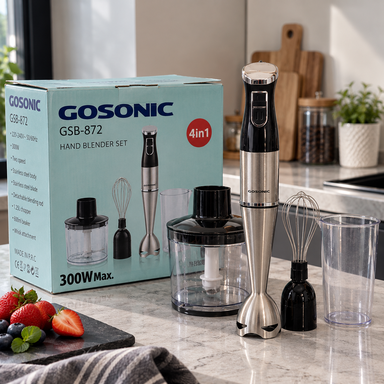 گوشت کوب برقی چندکاره گوسونیک مدل GSB872 توان 300 وات با خردکن و همزن