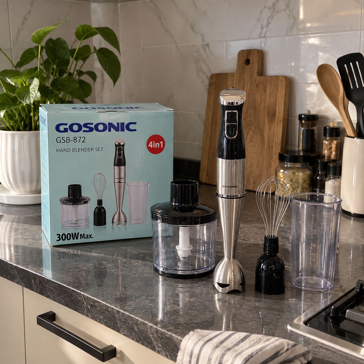 گوشت کوب برقی چندکاره گوسونیک مدل GSB872 توان 300 وات با خردکن و همزن