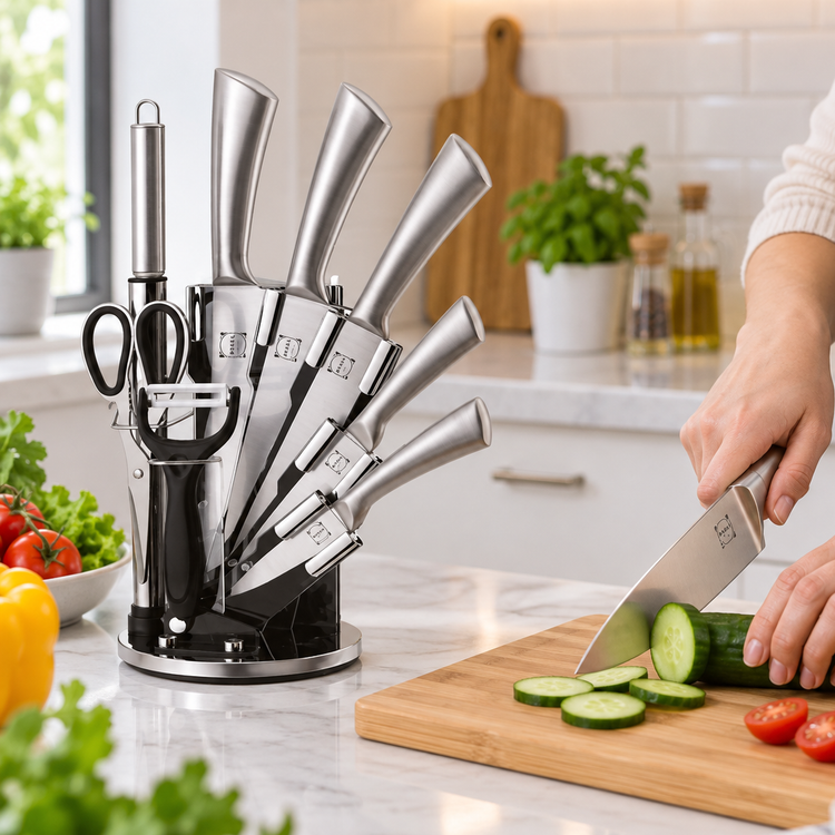 سرویس چاقوی آشپزخانه اوتانا 9 پارچه مدل 677 با تیغه استیل و پایه چرخشی 360 درجه