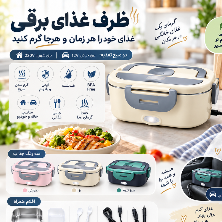 ظرف غذای برقی گرمکن دار با ظرف استیل، برق شهری 220 ولت و فندکی خودرو 12 ولت
