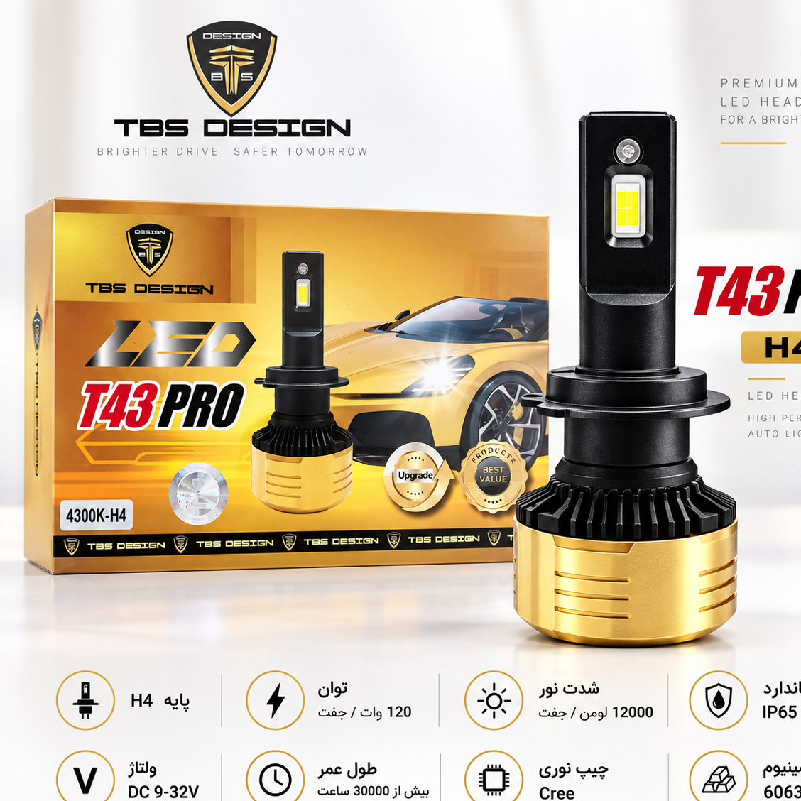 هدلایت توبیز T43 PRO پایه H4 دورنگ 120 وات شدت روشنایی 12000 لومن ضدآب IP65