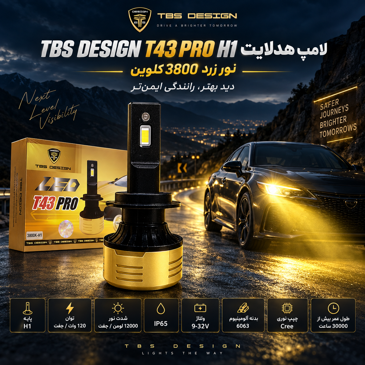 هدلایت خودرو TBS Design مدل T43 PRO پایه H1 توان 120 وات نور زرد 3800 کلوین 12000 لومن ضدآب IP65