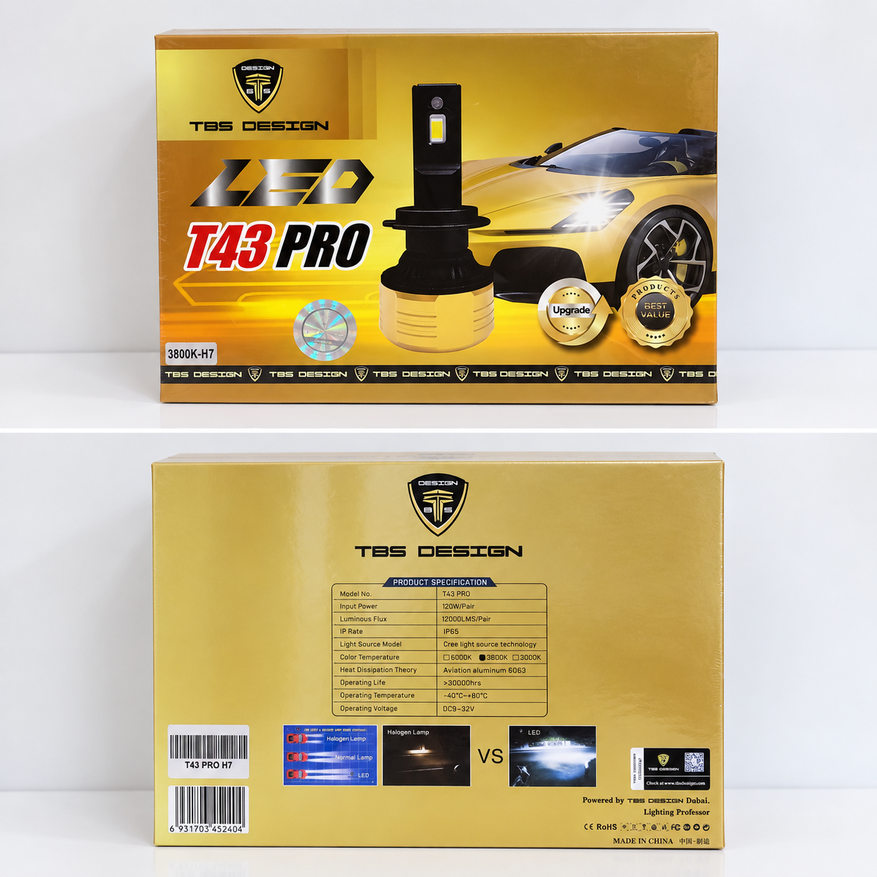 هدلایت توبیز مدل T43 PRO پایه H7 توان 120 وات نور زرد 3800 کلوین شدت روشنایی 12000 لومن ضدآب IP65