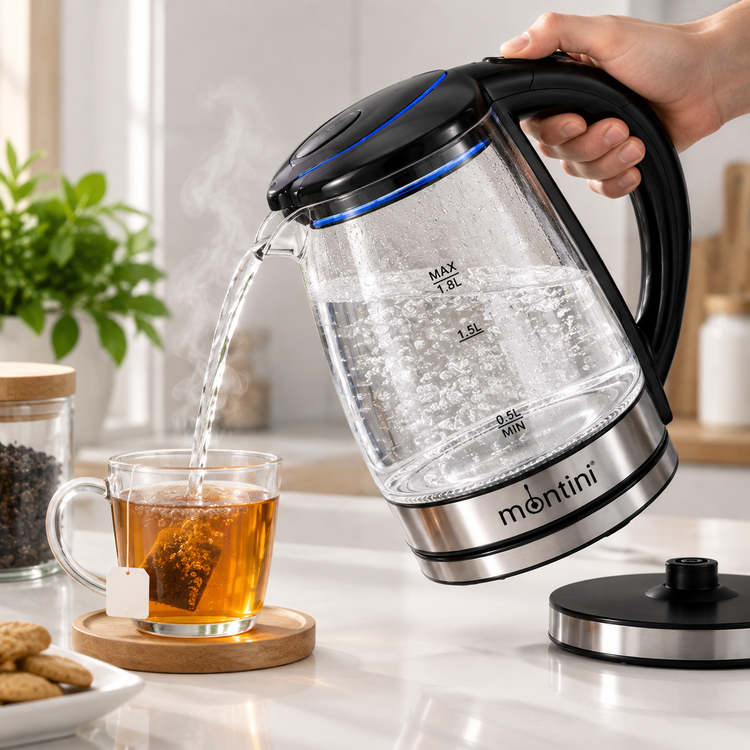 کتری برقی مونتینی 750 وات با بدنه شیشهای مقاوم و طراحی مدرن