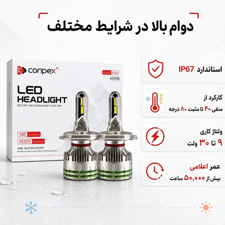 هدلایت کانپکس Conpex K64 پایه H7/H18 توان 180 وات و روشنایی 16200 لومن نور سفید