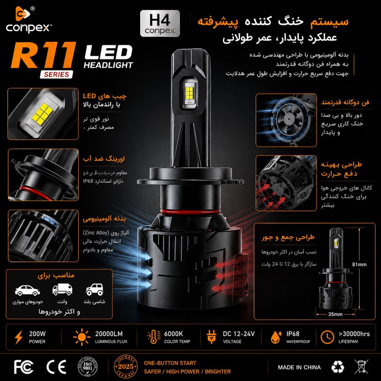 هدلایت کانپکس Conpex R11 H7 نور سفید 200 وات 6000K و 20000 لومن خط کات دقیق