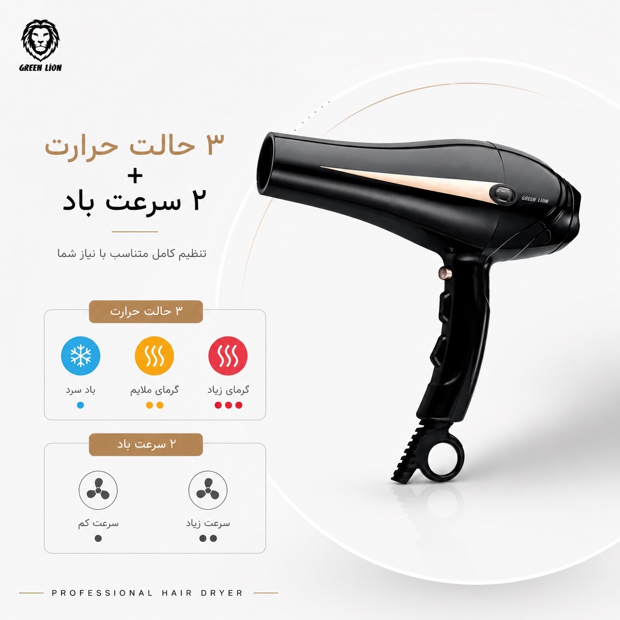 سشوار حرفه ای گرین لاین 2000 وات 3 حالت حرارت، 2 سرعت + باد سرد