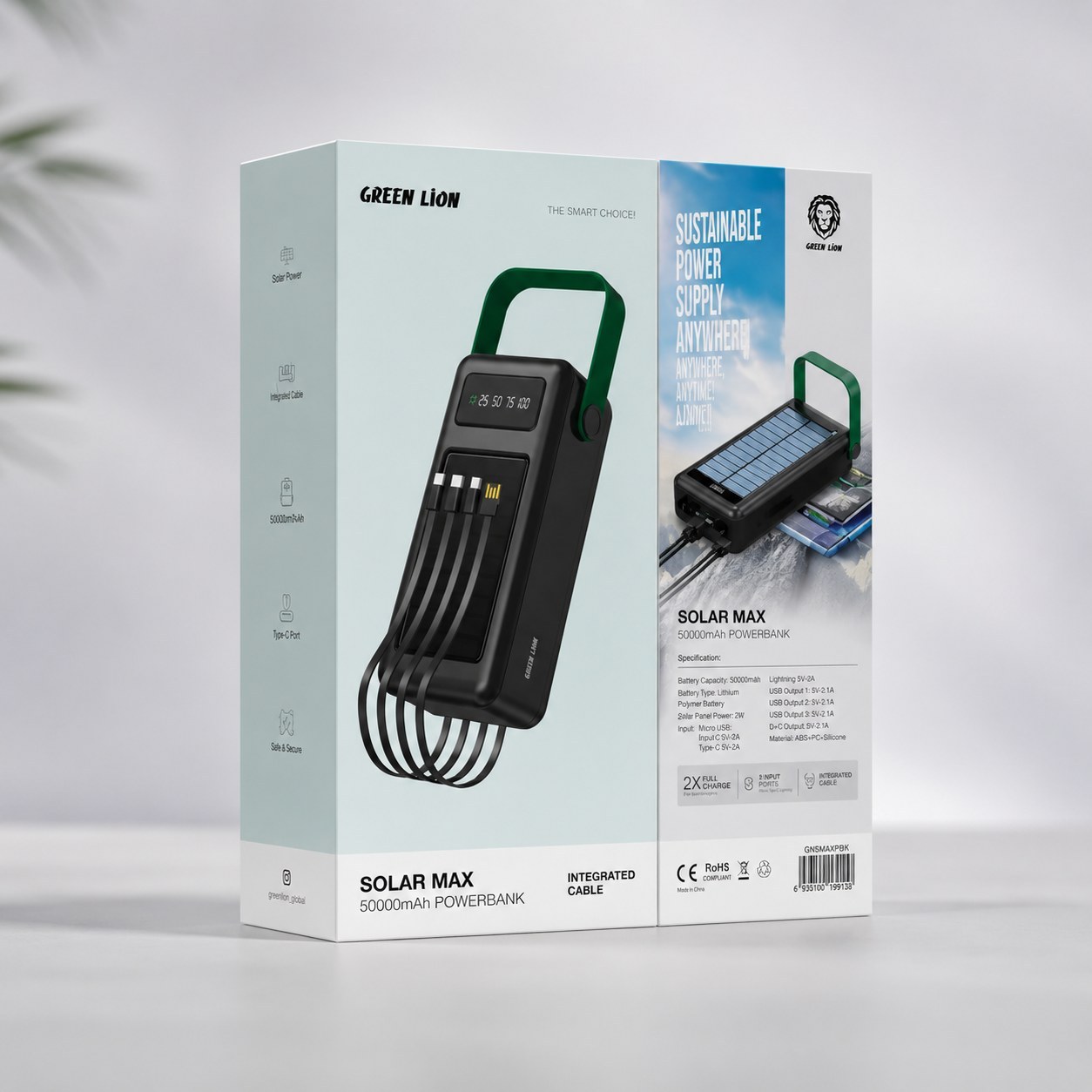 پاوربانک خورشیدی GREEN LION ظرفیت 50000mAh با شارژ سریع و چراغ LED