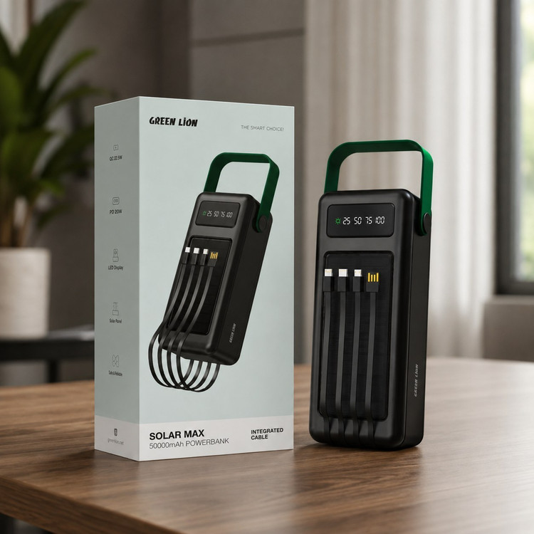 پاوربانک خورشیدی GREEN LION ظرفیت 50000mAh با شارژ سریع و چراغ LED