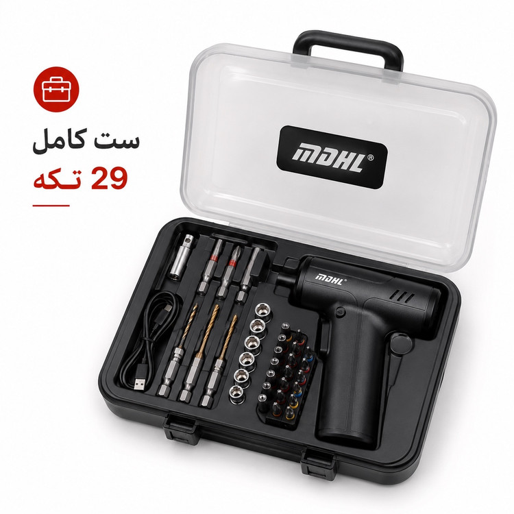 پیچ گوشتی برقی شارژی MDHL مدل MD-8728 ست کامل 29 تکه با باتری 2000 میلیآمپرساعت و شارژ Type-C