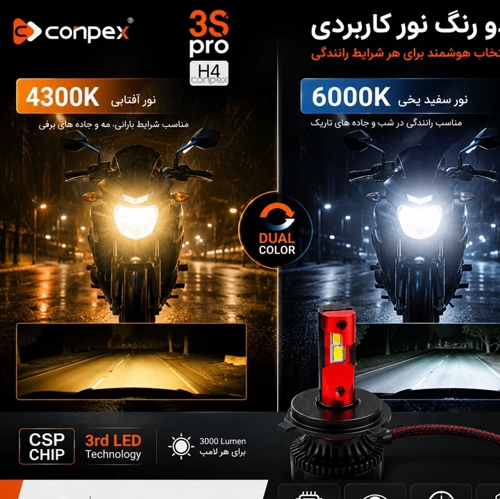 هدلایت موتور سیکلت دو رنگ 3S PRO پایه H4 با گارانتی ( تک عددی )