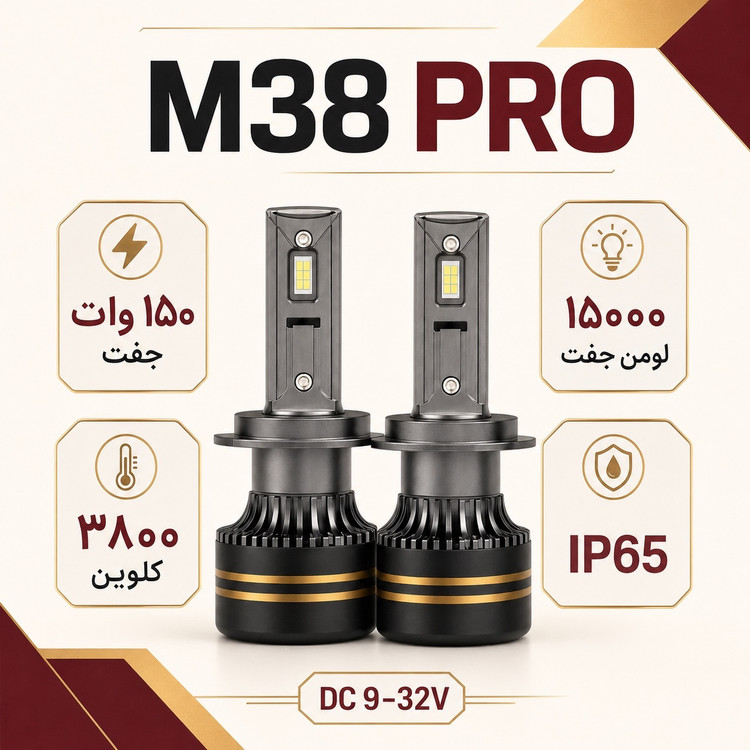 هدلایت خودرو TBS DESIGN M38 PRO پایه 9005/9006 مدل 2026 - نور نچرال 3800K، توان 150 وات