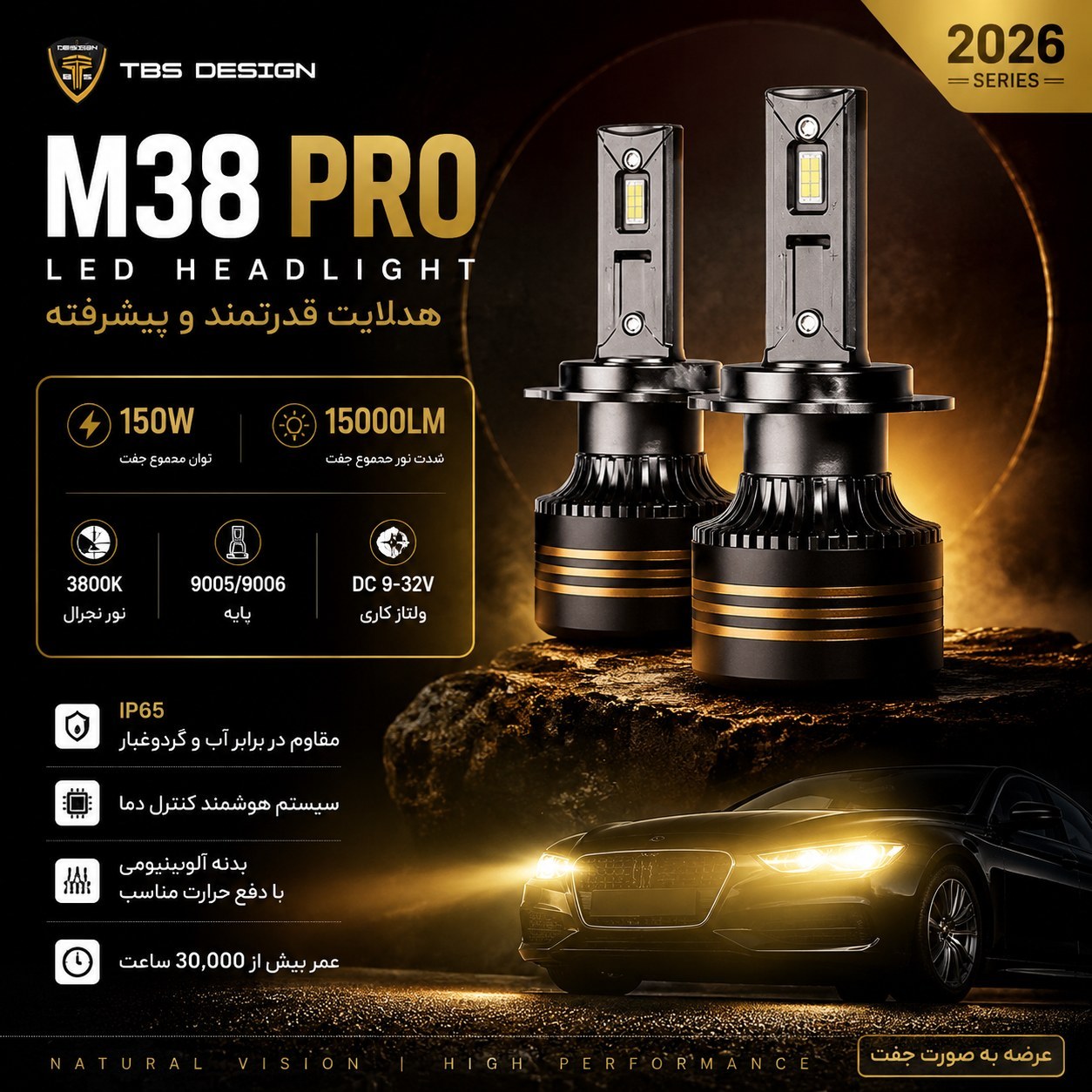 هدلایت خودرو TBS DESIGN M38 PRO پایه 9005/9006 مدل 2026 - نور نچرال 3800K، توان 150 وات