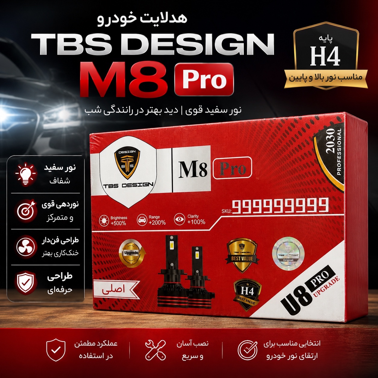 هدلایت خودرو توبیز TBS Design M8 Pro پایه H4 نور سفید قوی، فن دار(150 وات )