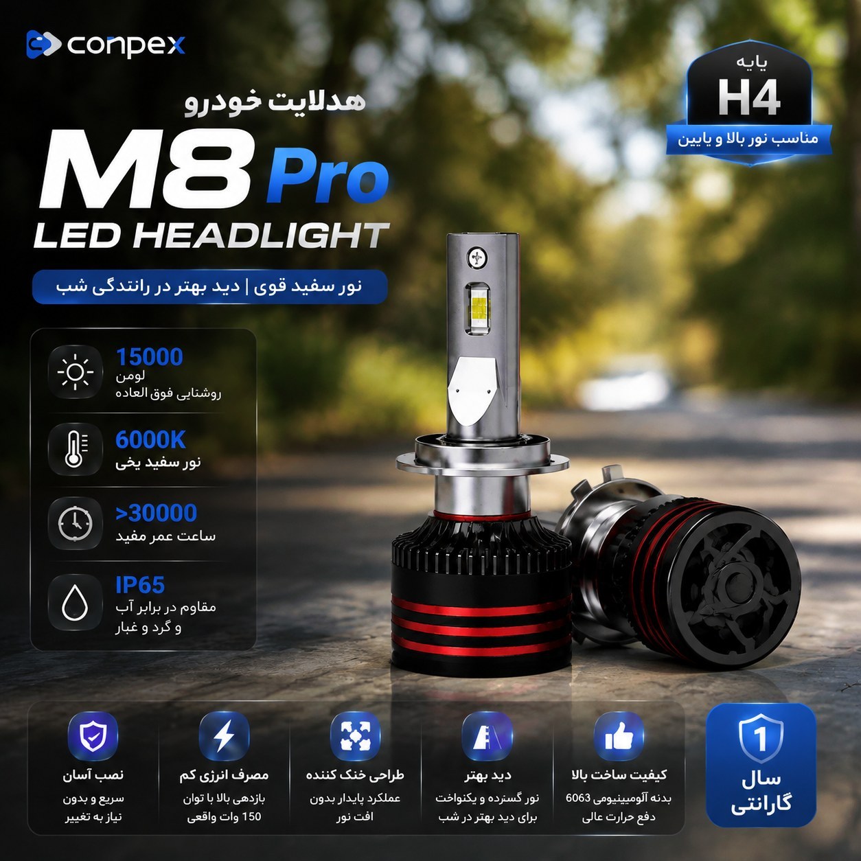 هدلایت خودرو توبیز TBS Design M8 Pro پایه H4 نور سفید قوی، فن دار(150 وات )