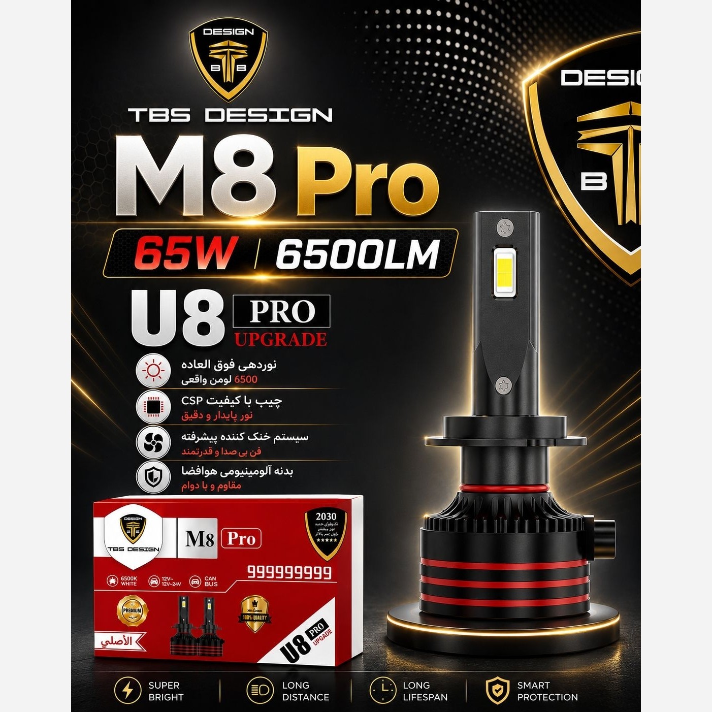 هدلایت خودرو توبیز TBS Design M8 Pro پایه H4 نور سفید قوی، فن دار(150 وات )