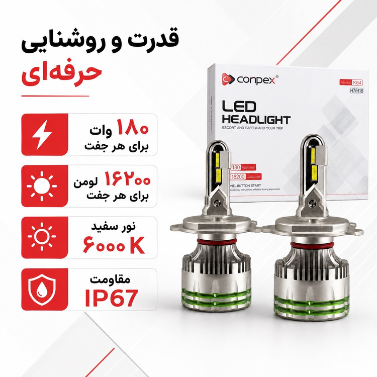 هدلایت پرقدرت کانپکس Conpex K64 پایه H1 توان 180 وات و روشنایی 16200 لومن