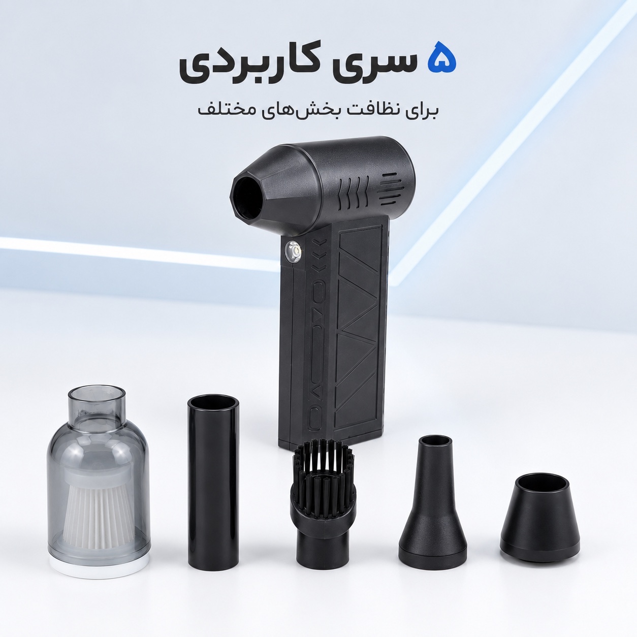 جت فن شارژی دوکاره دمنده و مکنده Mini Jet Fan موتور براشلس، چراغ LED و کیت کامل 5تکه