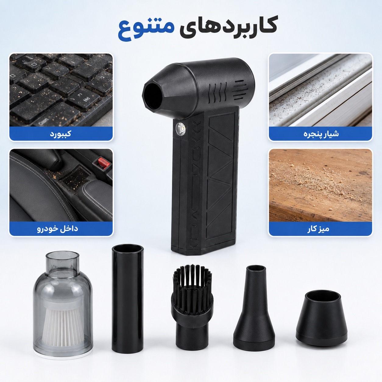 جت فن شارژی دوکاره دمنده و مکنده Mini Jet Fan موتور براشلس، چراغ LED و کیت کامل 5تکه
