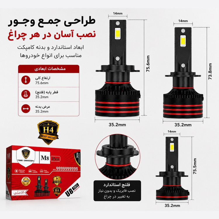 هدلایت توبیز M8PRO پایه H4 نور قدرتمند 6000K، خط کات دقیق، فن پرقدرت