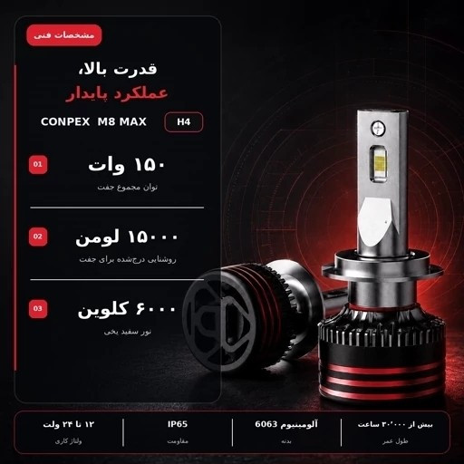 هدلایت کانپکس M8 MAX پایه H4 جفتی توان 150 وات و نور یخی 6000 کلوین
