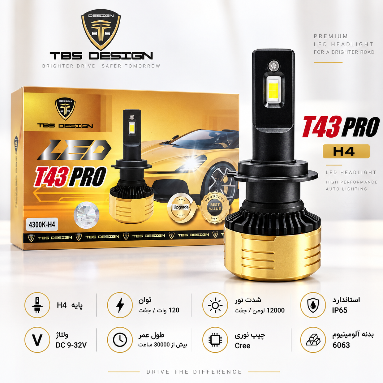 هدلایت توبیز 120وات دورنگT43 PRO پایه H4 نورپایین زرد 3800 کلوین، نور بالا سفید