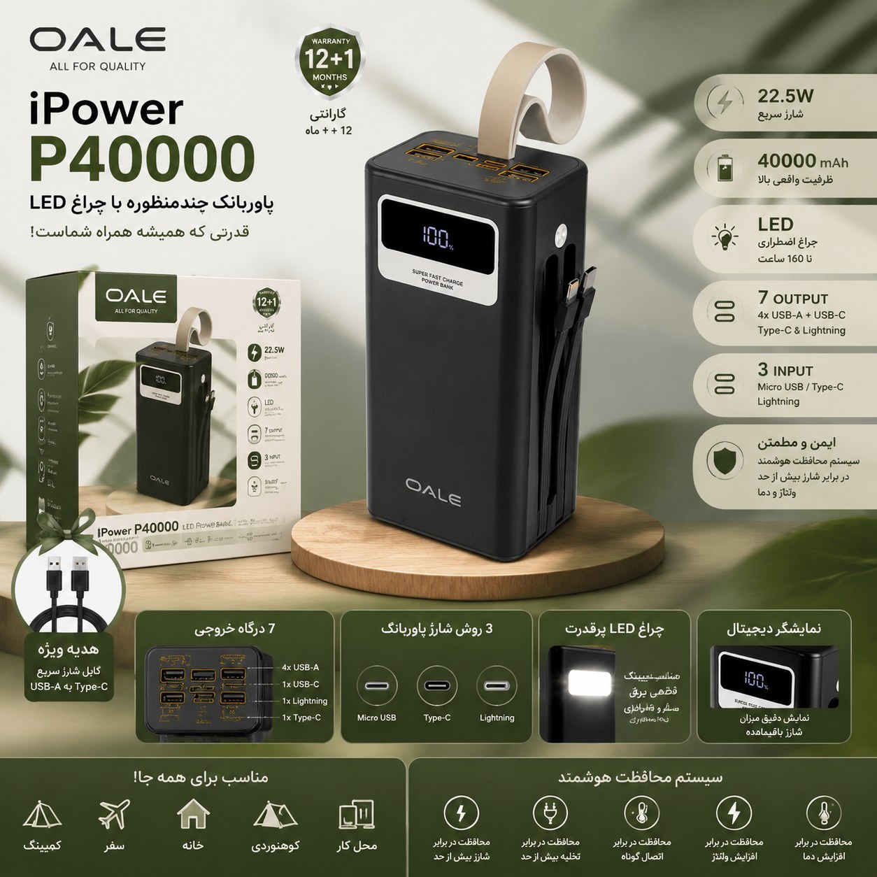 پاوربانک OALE P40000 ظرفیت 40000 میلیآمپر با شارژ سریع 22.5 وات و کابل داخلی