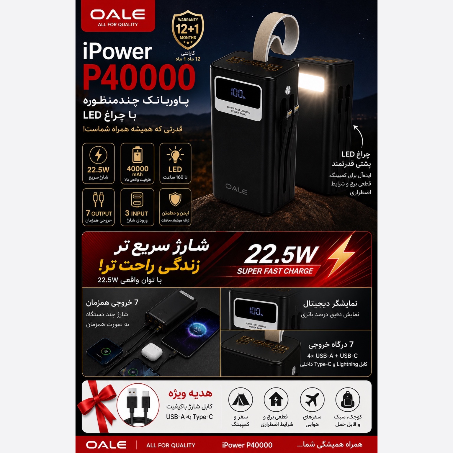 پاوربانک OALE P40000 ظرفیت 40000 میلیآمپر با شارژ سریع 22.5 وات و کابل داخلی