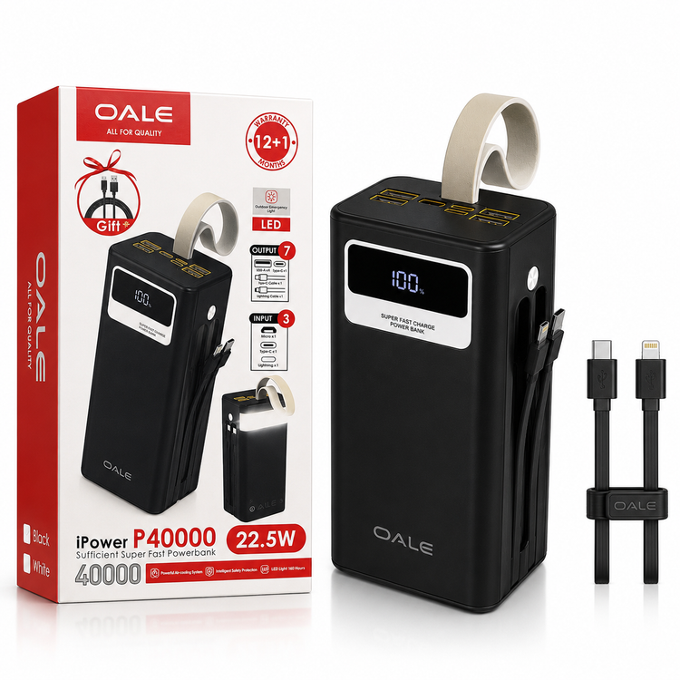 پاوربانک OALE P40000 ظرفیت 40000 میلیآمپر با شارژ سریع 22.5 وات و کابل داخلی
