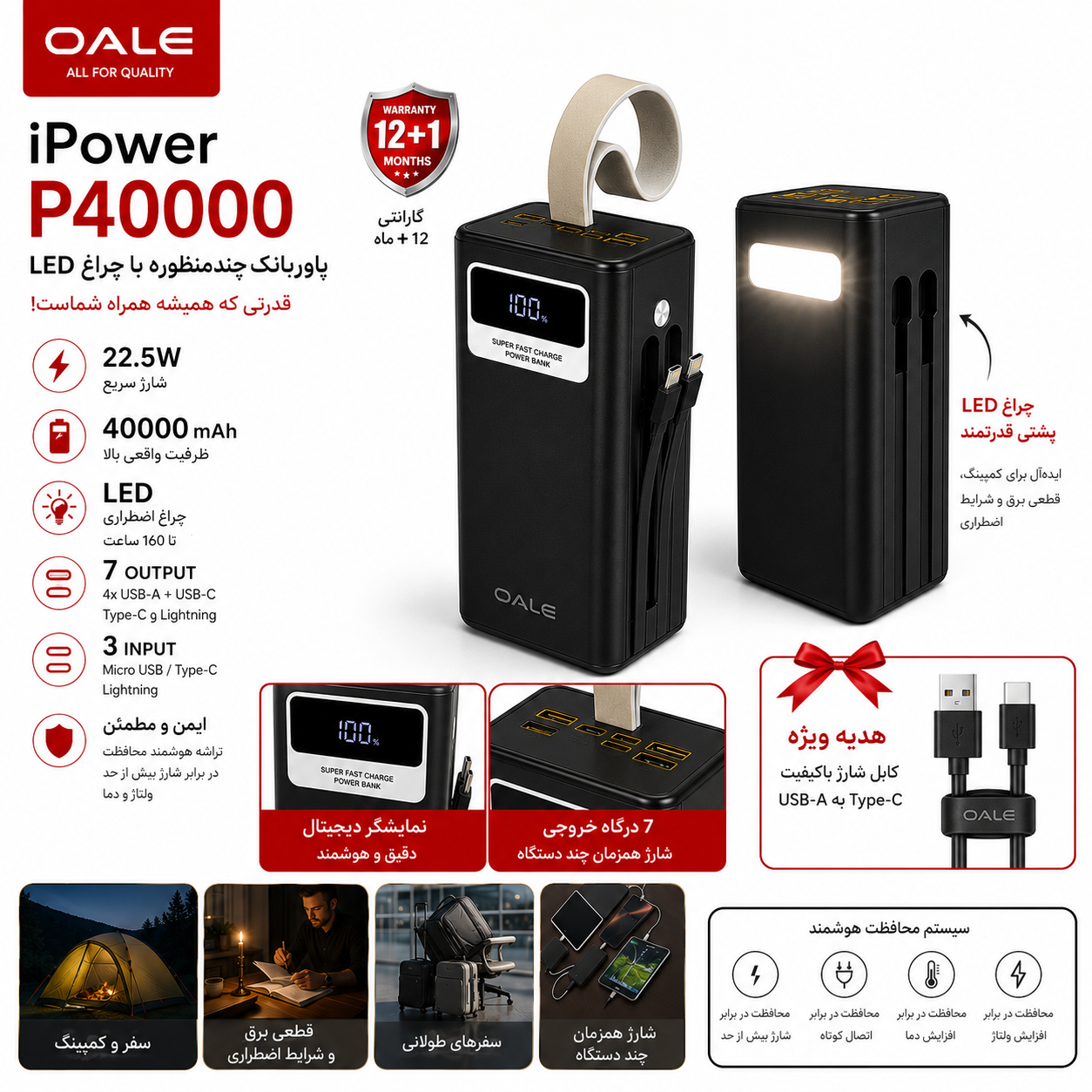 پاوربانک OALE P40000 ظرفیت 40000 میلیآمپر با شارژ سریع 22.5 وات و کابل داخلی