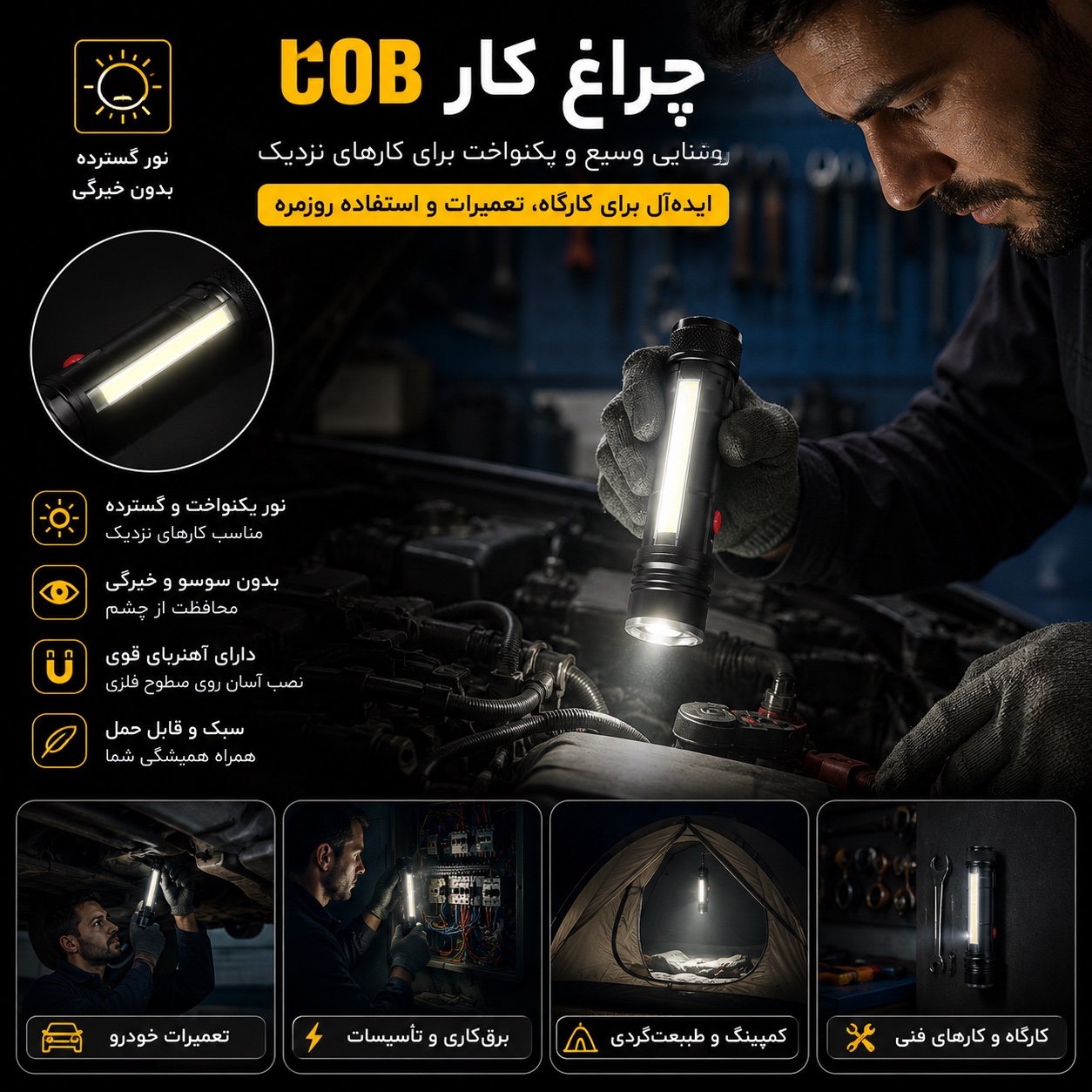 چراغ قوه شارژی T6-26 زومدار COB و XPE نور قدرتمند و شارژ USB