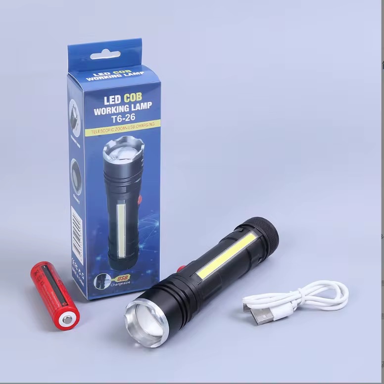 چراغ قوه شارژی T6-26 زومدار COB و XPE نور قدرتمند و شارژ USB
