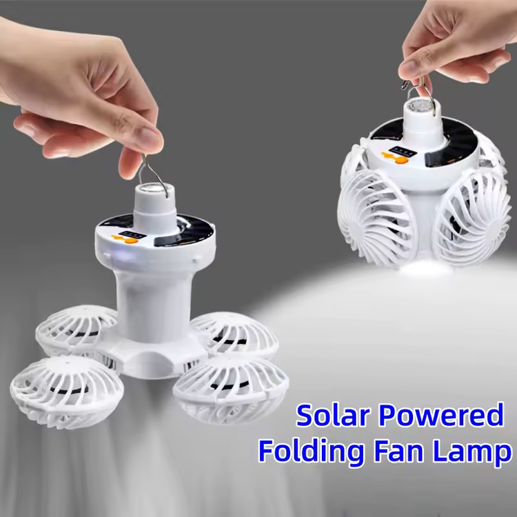 پنکه شارژی خورشیدی BF-889 مدل کمپینگ -دارای چراغ LED، آویزدار، شارژ USB و مناسب قطعی برق