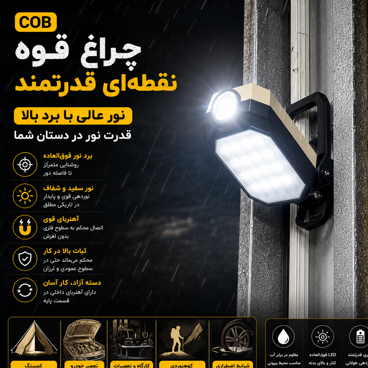چراغ کار شارژی مگنتی نورافکن و چراغقوه دوکاره USB، پایه تاشو و قلاب آویز