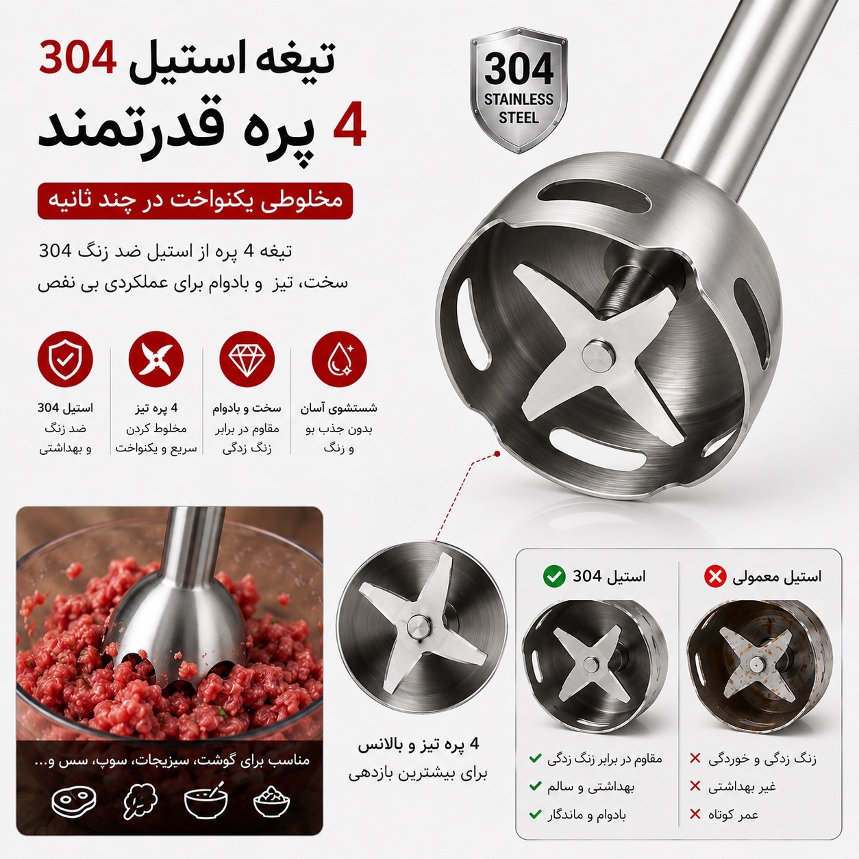 گوشت کوب برقی 4 کاره 1000 وات سیلور کرست موتور مسی، خردکن و همزن حرفه ای