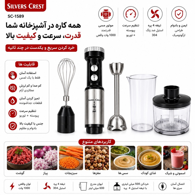 گوشت کوب برقی 4 کاره 1000 وات سیلور کرست موتور مسی، خردکن و همزن حرفه ای