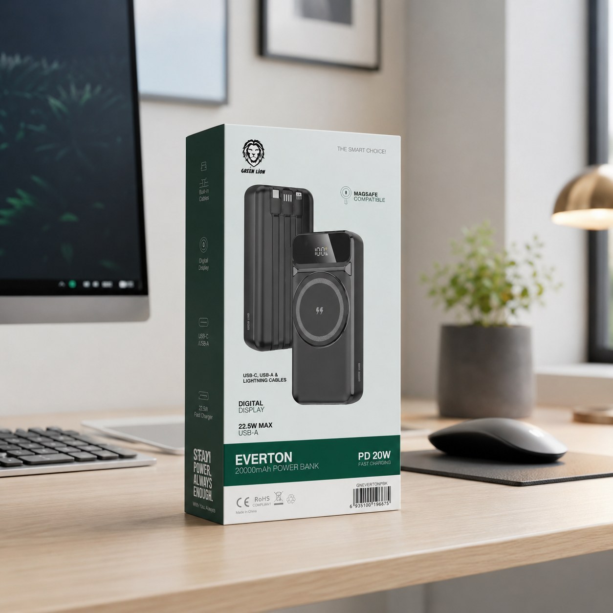 پاوربانک GREEN LION Everton ظرفیت 20000mAh با شارژ سریع و نمایشگر دیجیتال