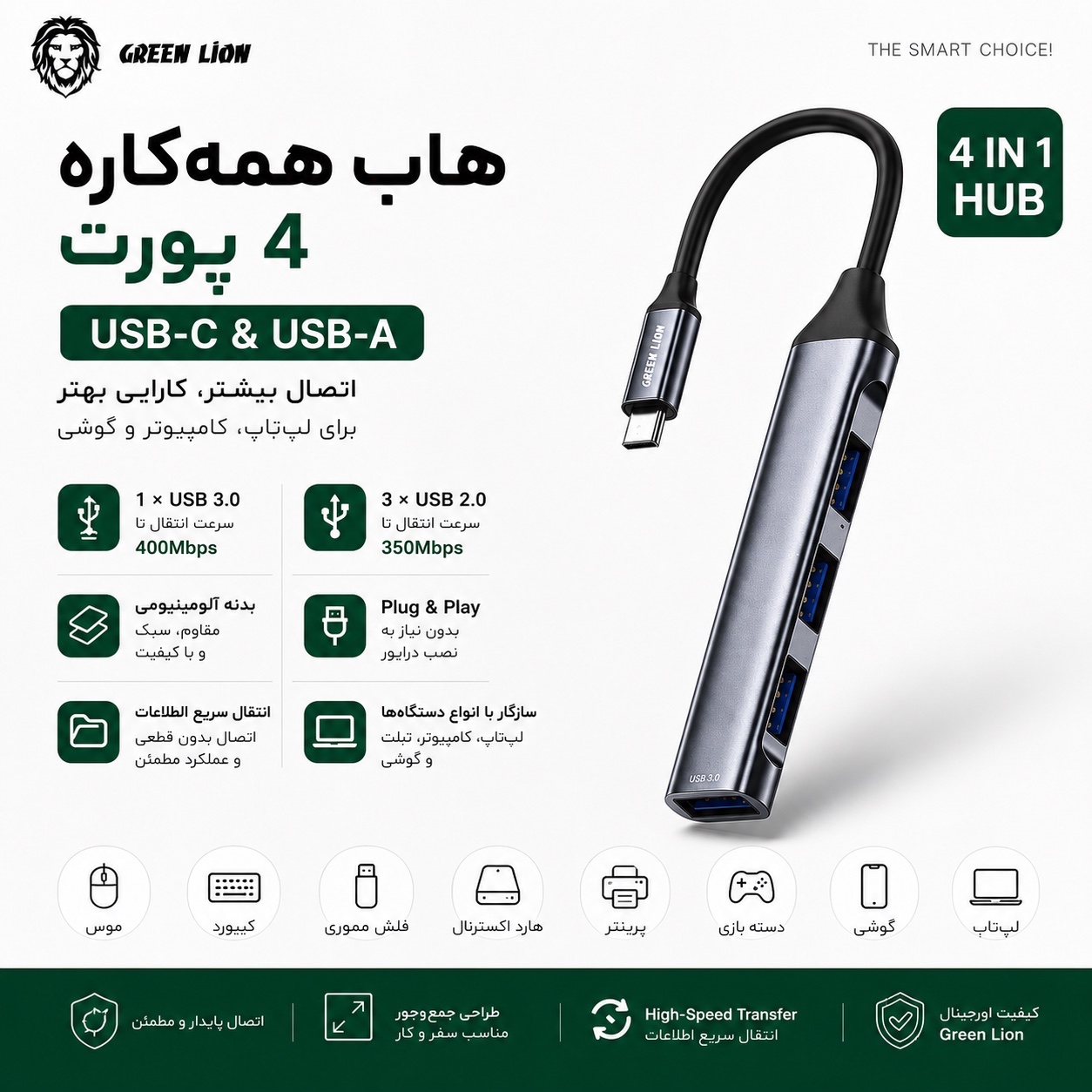 هاب 4 پورت Green Lion USB-C