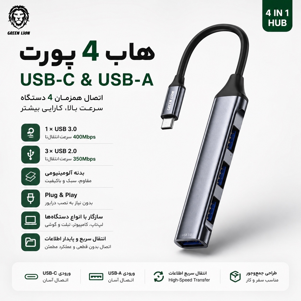هاب 4 پورت Green Lion USB-C