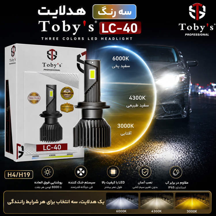 هدلایت سه رنگ Tobys LC-40 پایه H4 - سه رنگ نور واقعی برای هر شرایط رانندگی