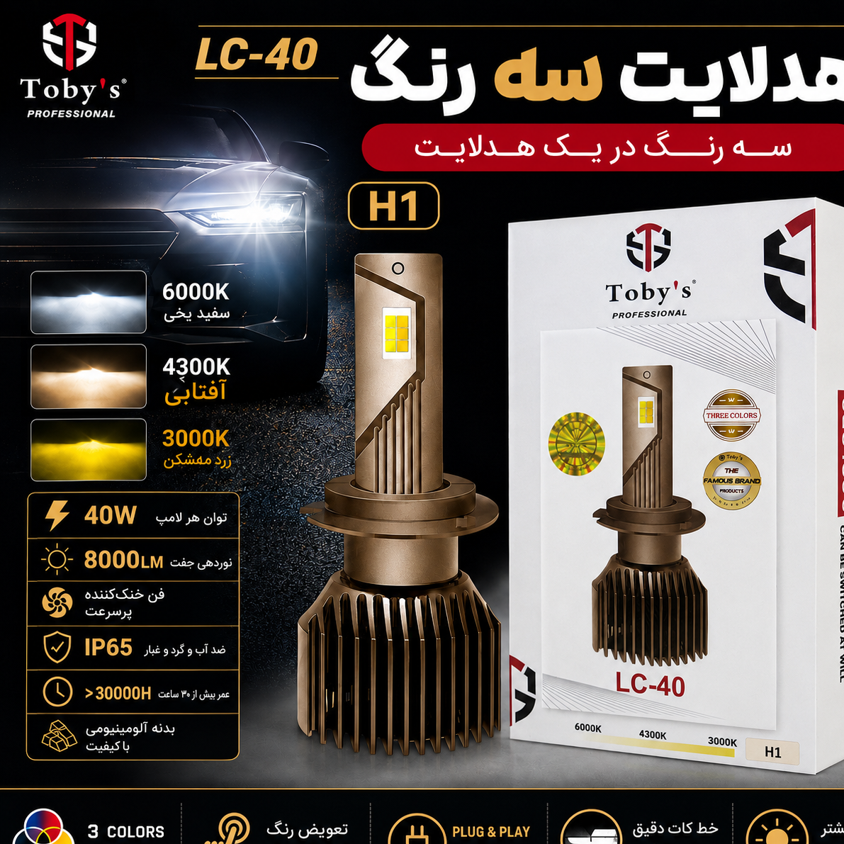 هدلایت سه رنگ توبیز LC-40 پایه H1 - سفید،آفتابی،لیمویی