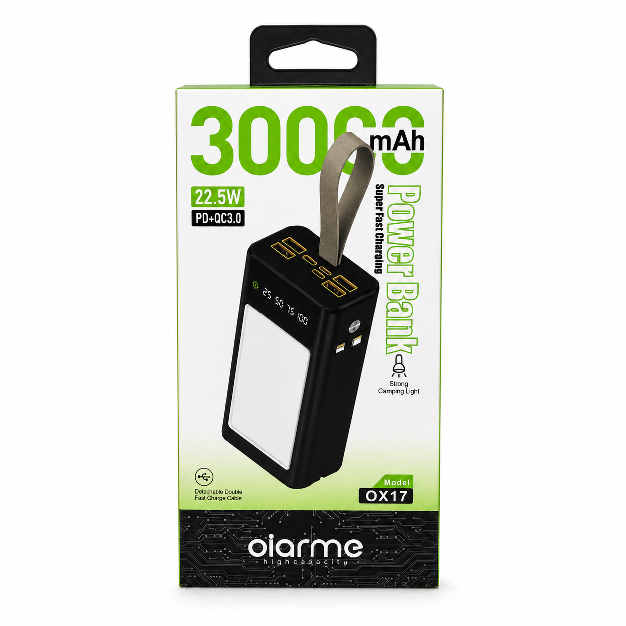 پاوربانک Oiarme OX17 ظرفیت 30000mAh با شارژ سریع 22.5 وات و چراغ LED