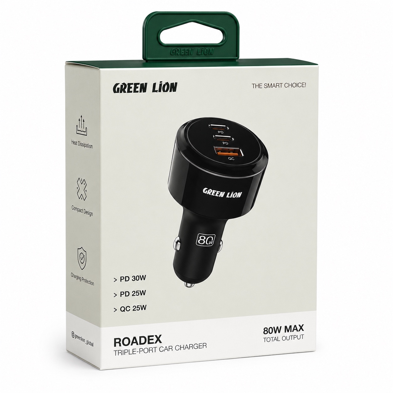 شارژر فندکی Green Lion Roadex 80W شارژ سریع 3 دستگاه بهصورت همزمان