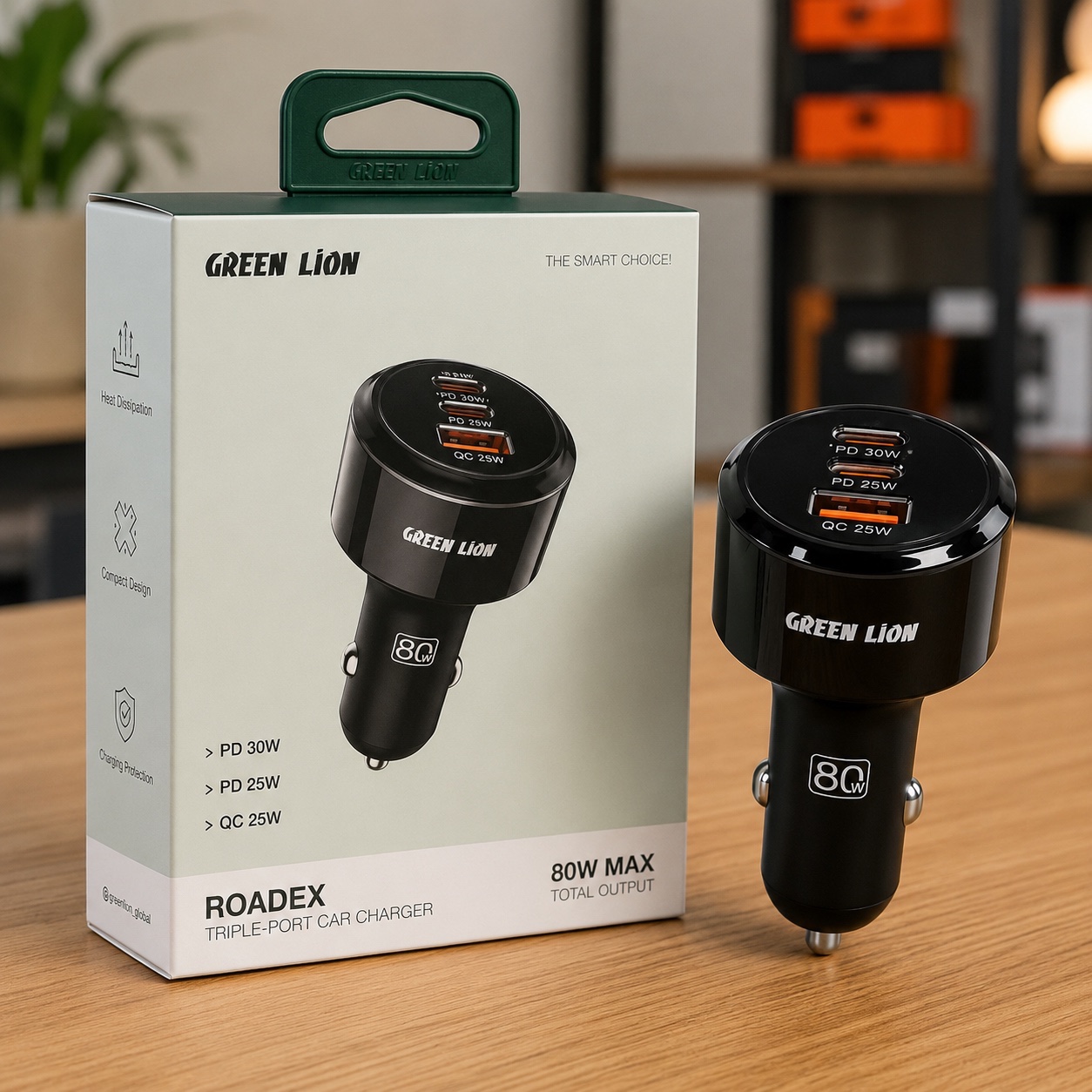 شارژر فندکی Green Lion Roadex 80W شارژ سریع 3 دستگاه بهصورت همزمان