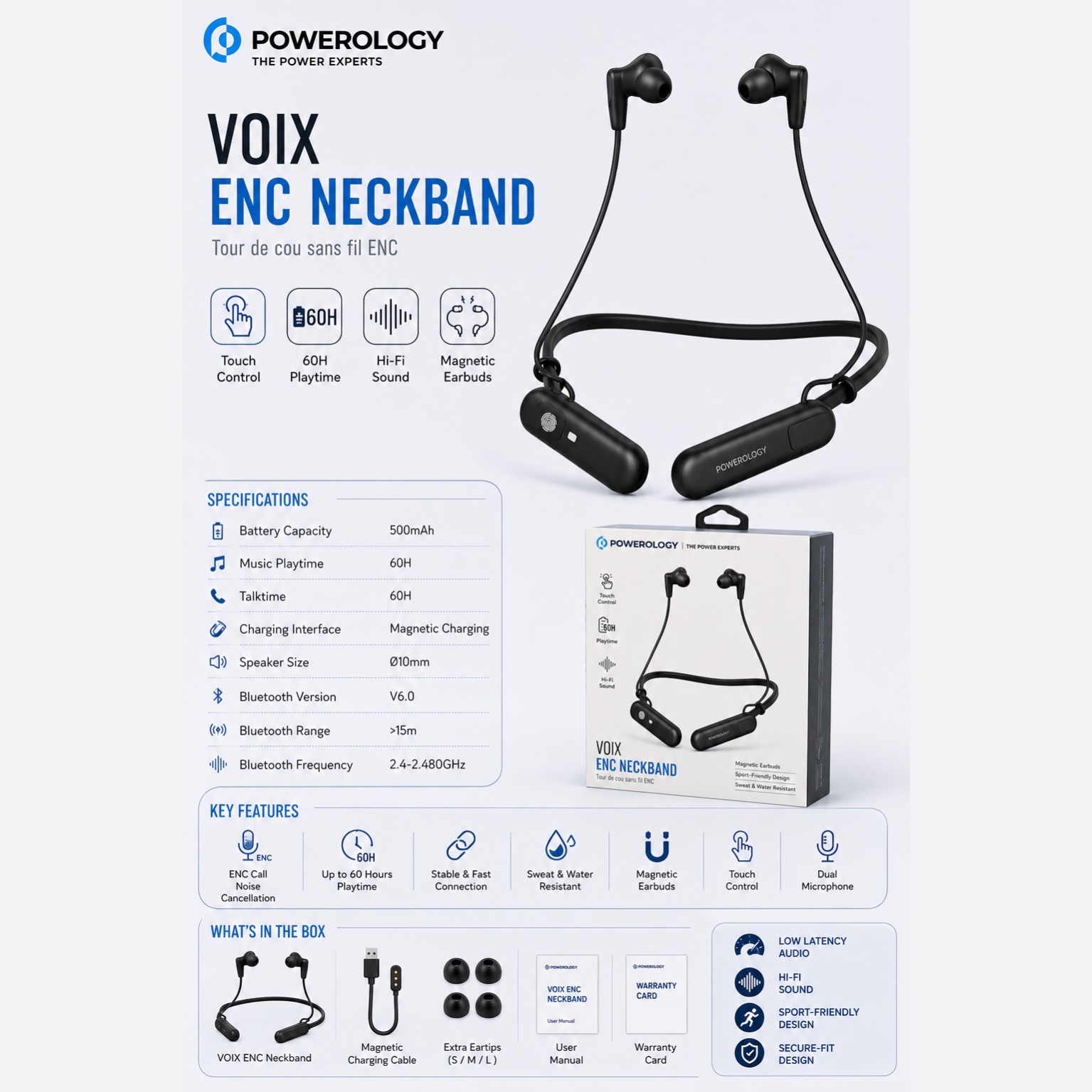 هدست گردنی Powerology VOIX ENC با 60 ساعت شارژدهی، ENC، بلوتوث 6.0