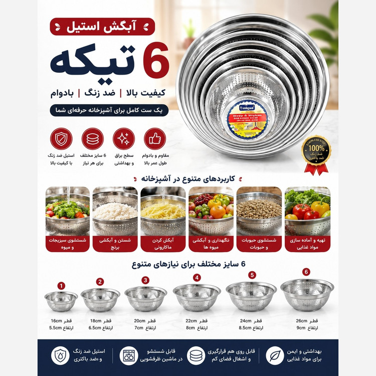 آبکش استیل یونیک 6پارچه برند یونیک حک شده زده زنگ و سیاه شدن