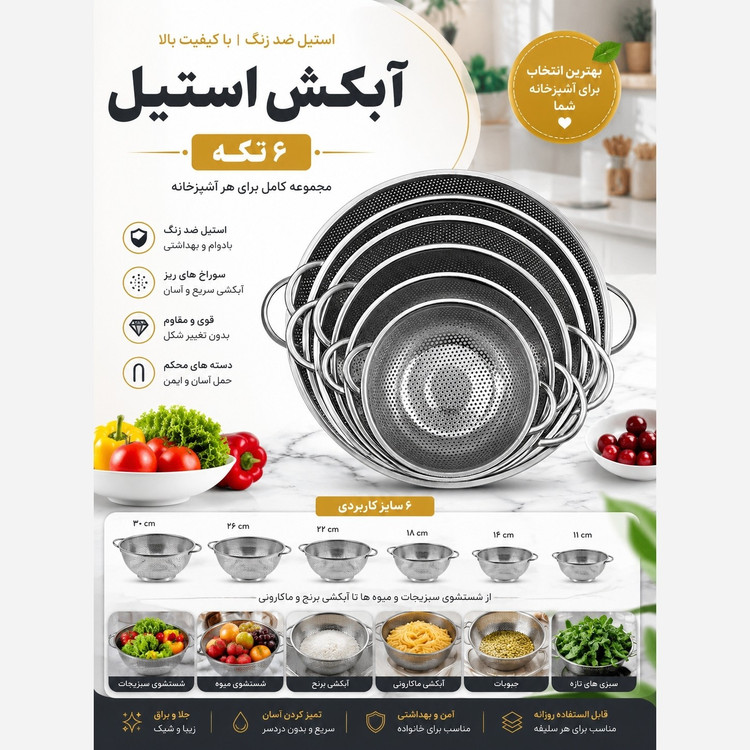 آبکش استیل 6 پارچه یونیک کیفیت عالی و درجه یک اهنربا نگیر ضد زنگ و سیاه شدن