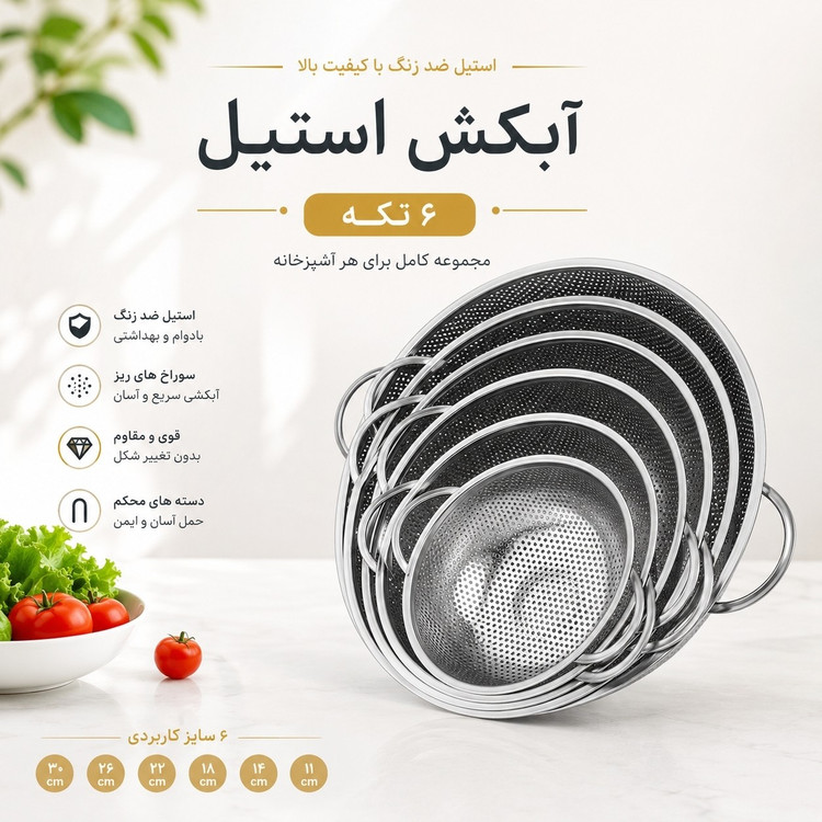 آبکش استیل 6 پارچه یونیک کیفیت عالی و درجه یک اهنربا نگیر ضد زنگ و سیاه شدن