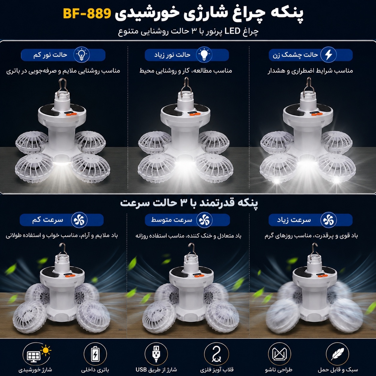 پنکه چراغ شارژی خورشیدی BF-889 پنکه و چراغ LED آویزدار، شارژ خورشیدی و USB، مناسب کمپینگ و قطعی برق